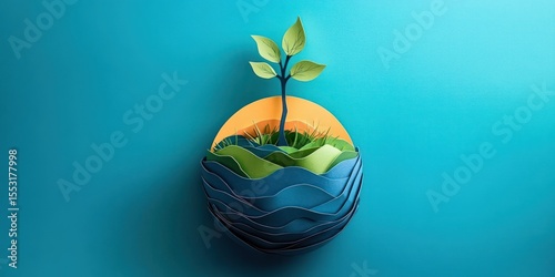 Paper art depiction of small green plant growing from layers of blue and green waves with an orange semicircle background on a turquoise surface