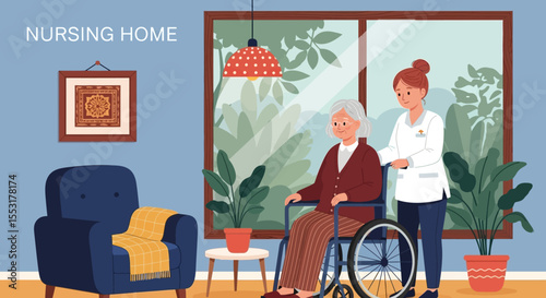 Nursing home interior, caregiver assisting elderly woman in wheelchair, calm atmosphere.