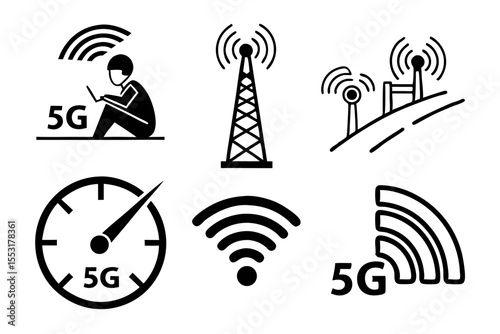 Illustrations of 5g technology and wireless communication isolated on white