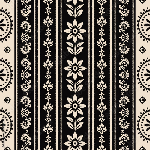 Floral Embroidery Ikat Saree Pattern in Traditional Ethnic Style, Abstract Fabric Design for Clothing and Wrapping Decoration, Seamless Textile Motif in Black and Cream.