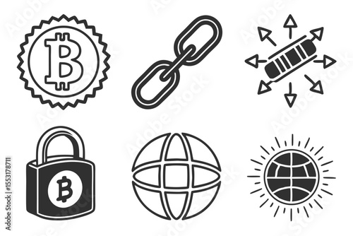 Bitcoin and network icons isolated on white background