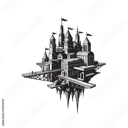 A majestic vintage art silhouette depicting a detailed fantasy floating castle with turrets bridges and flags
