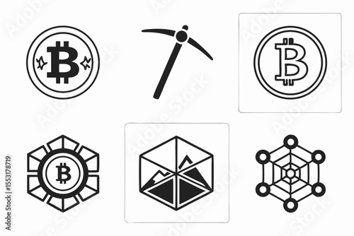 Bitcoin mining and network icons isolated on white background