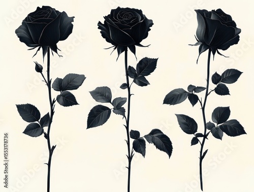 Three elegant black roses with detailed petals and leaves on long slender stems against a light background, evoking a mysterious and sophisticated mood
