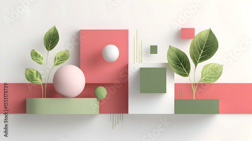 Minimalist and Modern 3D Composition Featuring Natural Leaves, Geometric Shapes, and Pastel Tones – A Fresh and Eco-Inspired Visual for Presentations and Design Projects.