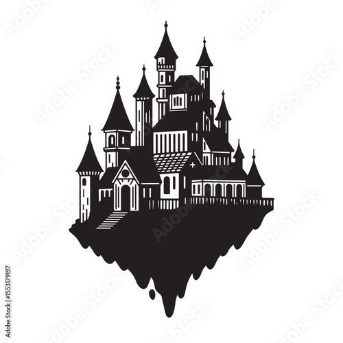 A stunning vintage art silhouette depicting a detailed and intricate castle floating in the sky