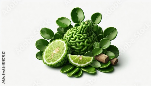 Kaffir lime leaves, stems and leaves on a white background.
