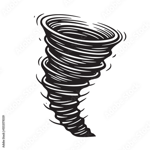 A swirling monochrome vintage art silhouette illustration showcasing the powerful destructive force of a tornado against a white background.