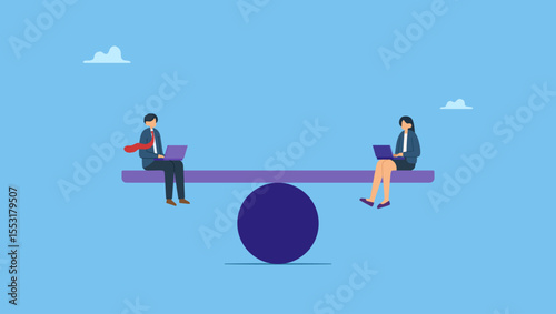 Businessman and businesswoman balancing working on laptop on equal seesaw. Gender equality at the office workplace, treat female and male equally, diversity or balance, fairness and justice concept.