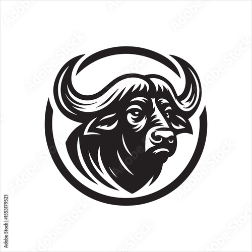 Stylized black and white illustration of a cape buffalo head, encircled within a bold ring.