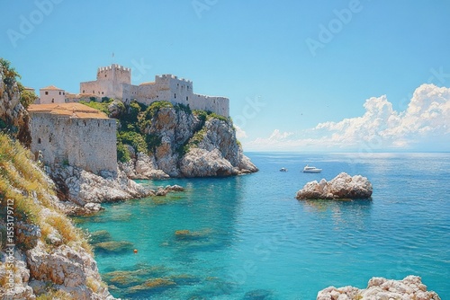 Ancient stone fortress perched on rocky cliffs beside clear turquoise sea under bright blue sky with scattered clouds and distant boats sailing