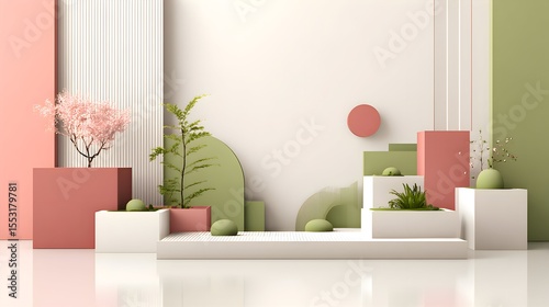 Minimalist and Modern 3D Composition Featuring Natural Leaves, Geometric Shapes, and Pastel Tones – A Fresh and Eco-Inspired Visual for Presentations and Design Projects.