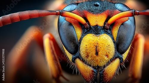 Close-up view of a wasp showcasing intricate details of its face and eyes in natural light