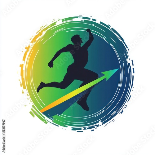 silhouette of a person jumping energetically with a raised fist over a colorful circular background with digital and arrow elements symbolizing progress and achievement