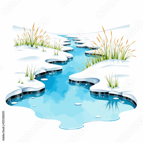 Snowy river with grass patches in winter landscape  