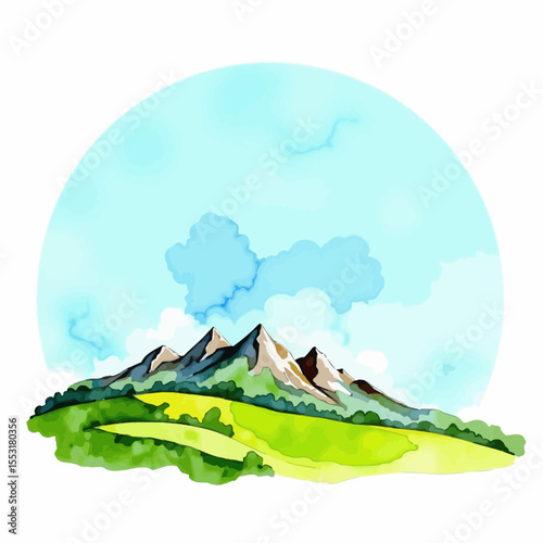 Watercolor mountains and green hills under blue sky  