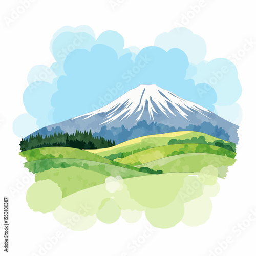 Snow-capped mountain surrounded by green fields and blue sky  