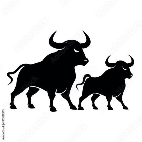 Vector art of two black bull silhouettes are isolated on white background