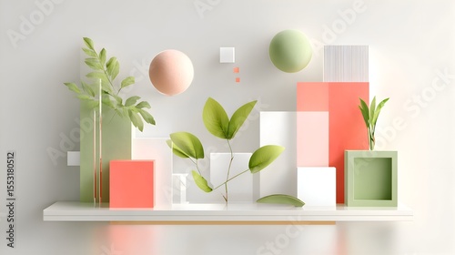 Minimalist and Modern 3D Composition Featuring Natural Leaves, Geometric Shapes, and Pastel Tones – A Fresh and Eco-Inspired Visual for Presentations and Design Projects.