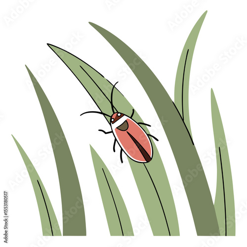 Chinch bug resting on green grass blades in a simple illustration  
