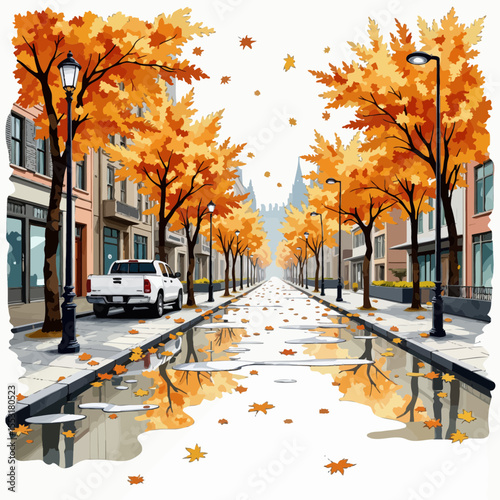 Autumn street with orange trees and falling leaves reflected in water  