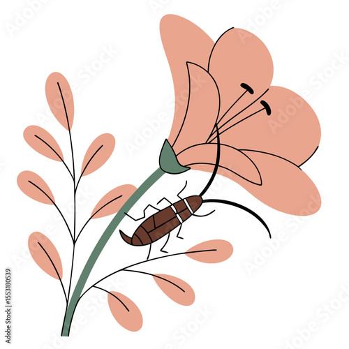 Earwig hiding inside a flower with delicate pink petals and leaves  