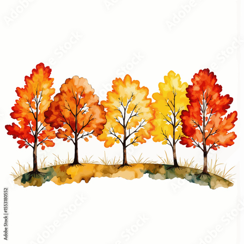 Colorful autumn trees with vibrant leaves on grassy hill  