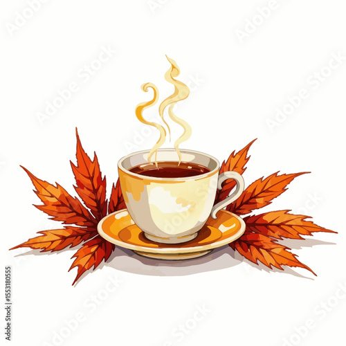 Hot cup of tea with steam and autumn leaves on white background  