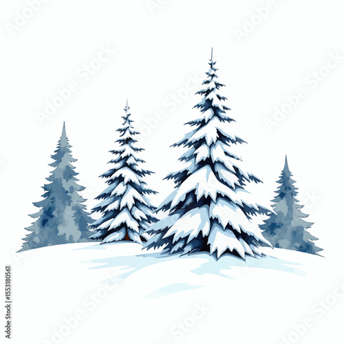 Snow-covered evergreen trees in winter landscape illustration  