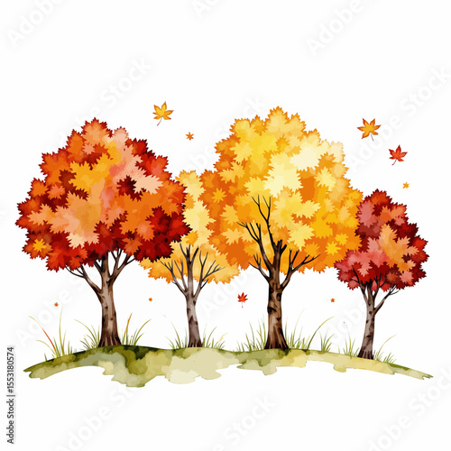 Autumn trees with colorful leaves on grass and falling leaves  