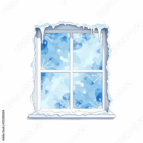Winter window frame with icy edges and snowy blue background  