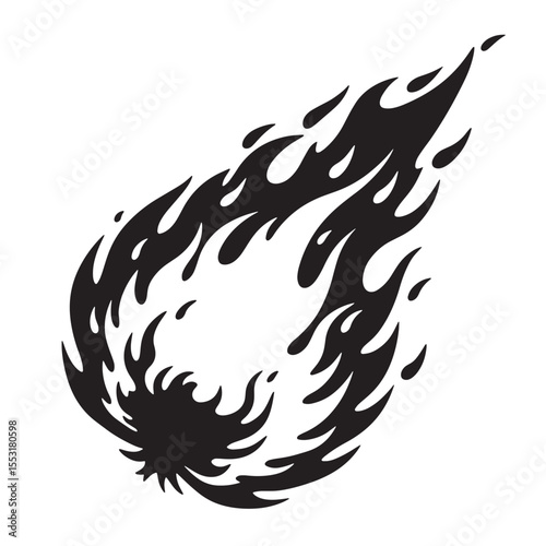 Bold black and white illustration of a fiery comet falling through the celestial sky in vintage art silhouette style