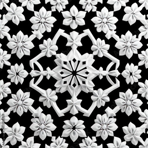Seamless pattern of white three-dimensional flowers arranged in symmetrical and repeating geometric design on black background