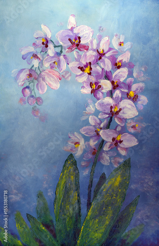 White orchid branch. Oil painting