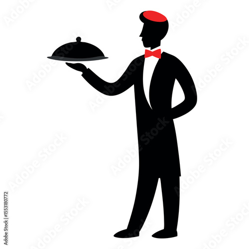 Vector art of a waiter in a tuxedo holds a covered serving tray isolated on white background