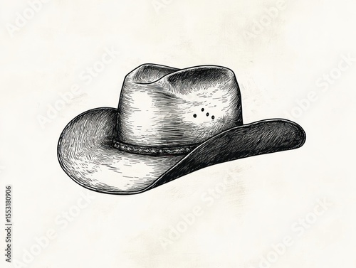 Black and white detailed sketch of a classic cowboy hat with creases and shading emphasizing texture and form