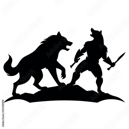 Vector art of a wolf and werewolf facing each other in a battle isolated on white background