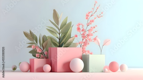 Minimalist and Modern 3D Composition Featuring Natural Leaves, Geometric Shapes, and Pastel Tones – A Fresh and Eco-Inspired Visual for Presentations and Design Projects.
