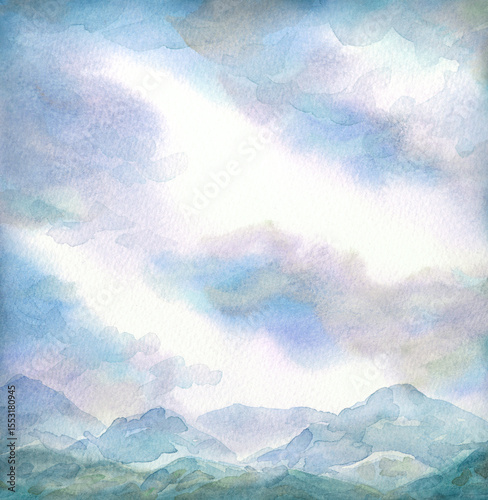 Watercolor painting. Stream among mountains