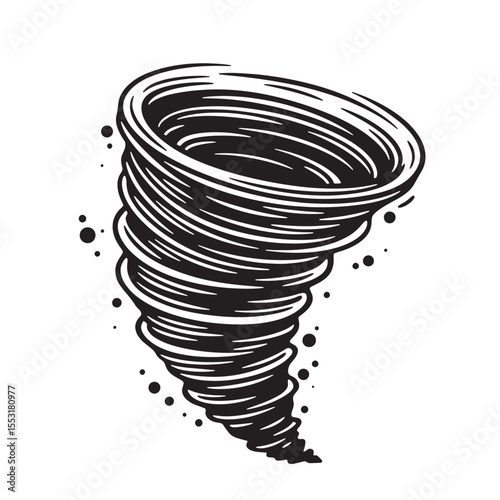 Detailed black and white vintage art silhouette illustration depicting a powerful tornado or twister weather event