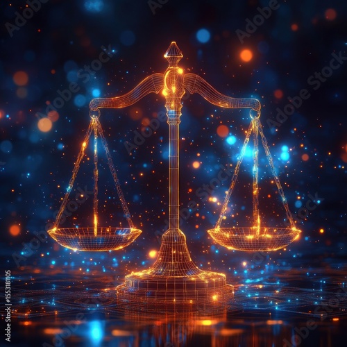 Glowing digital balance scales with neon orange and blue lights floating on dark background representing justice and equilibrium