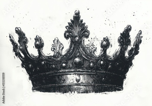 detailed black and white illustration of an ornate royal crown with intricate decorations and pointed tips conveying elegance and authority