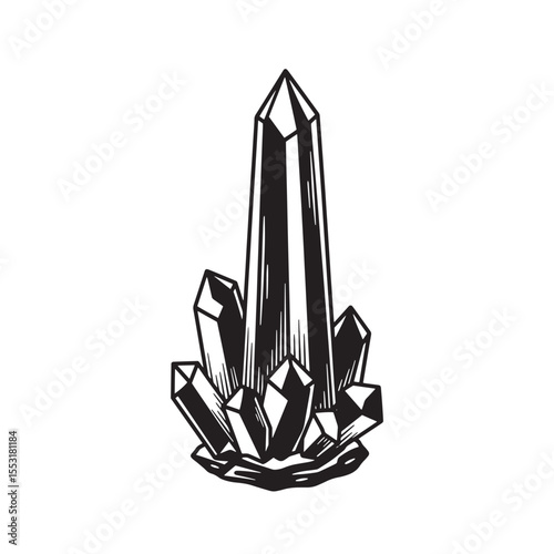 Detailed vintage art silhouette illustration of a cluster of crystalline quartz crystals on a white background