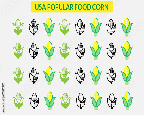 USA Popular food corn, vector art. A popular combo of snack In the United States, skewer of sausage and roasted corn on the cob are fairly common when engaging in any outdoor activity.