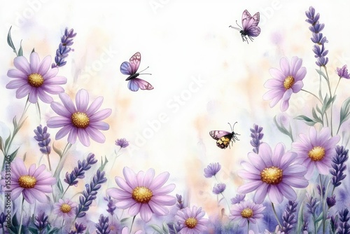 Delicate purple flowers and lavender stems with three colorful butterflies fluttering around in a serene and gentle setting