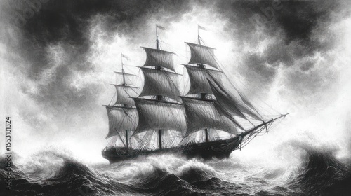 black and white dramatic image of a large sailing ship with full sails navigating rough turbulent ocean waves under a stormy sky
