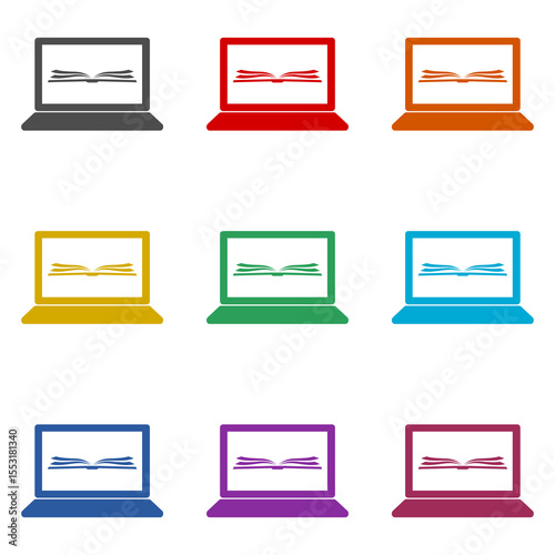 Laptop with open book on screen icon isolated on white background. Set icons colorful