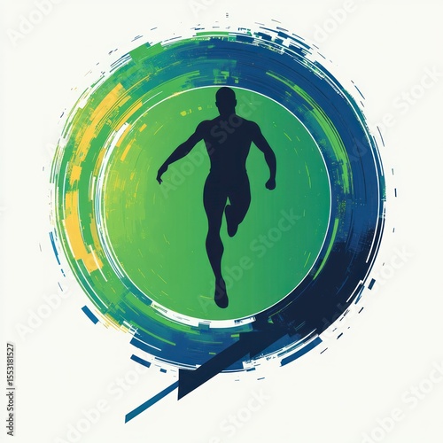 Silhouette of a runner sprinting inside a dynamic circular shape with green and blue digital brush strokes conveying motion and energy