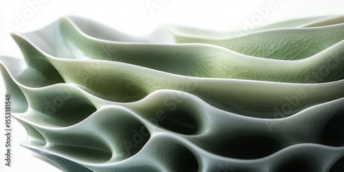 Close-up of a smooth, undulating green and white ceramic surface with organic folds and delicate crackled texture under soft lighting