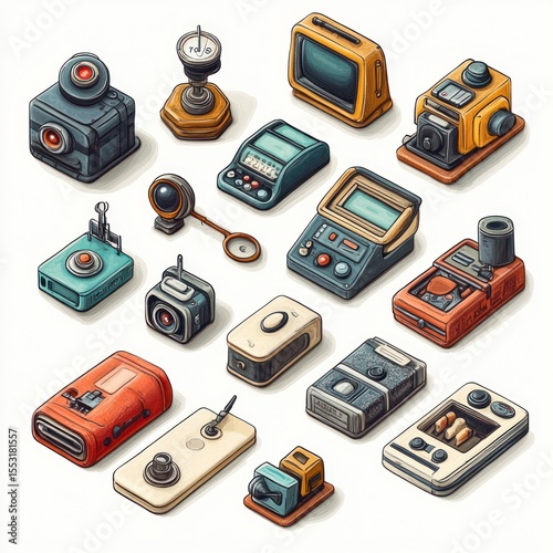 Collection of various vintage electronic devices and gadgets with buttons, screens, and antennas arranged neatly on a white background evoking nostalgia and curiosity